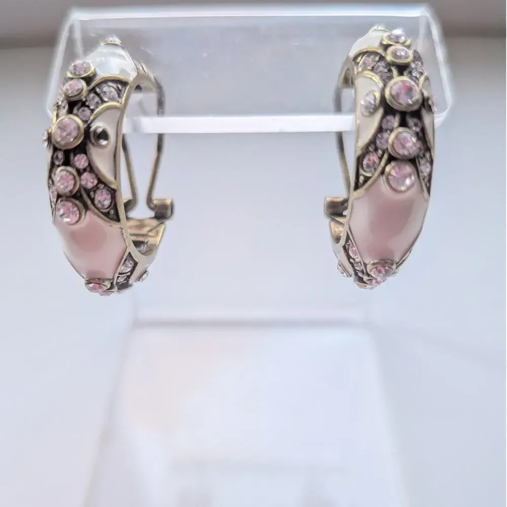 Heidi Daus Clear Crystal Rhinestone White Enamel Gold Tone Hoop Earrings